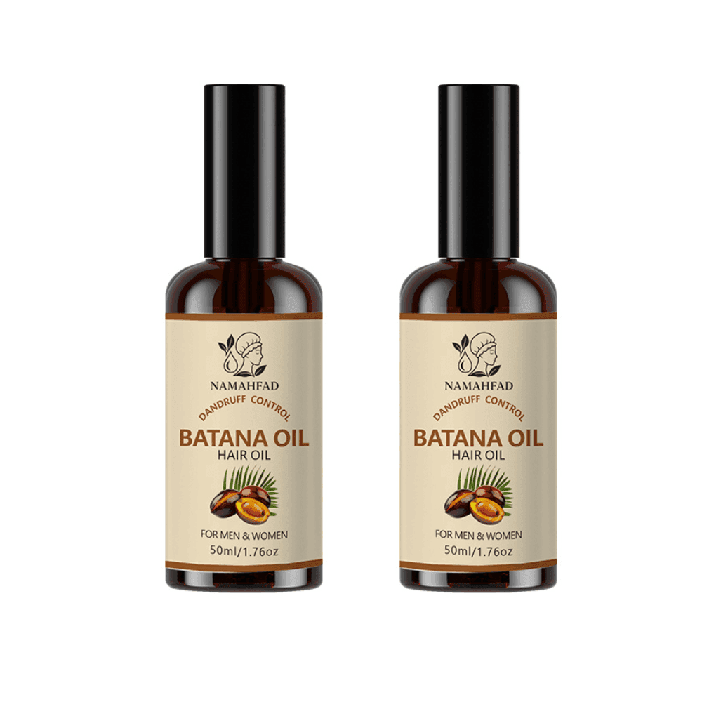 Close-up of Namahfad Batana Hair Oil bottle showcasing the natural oil inside.  