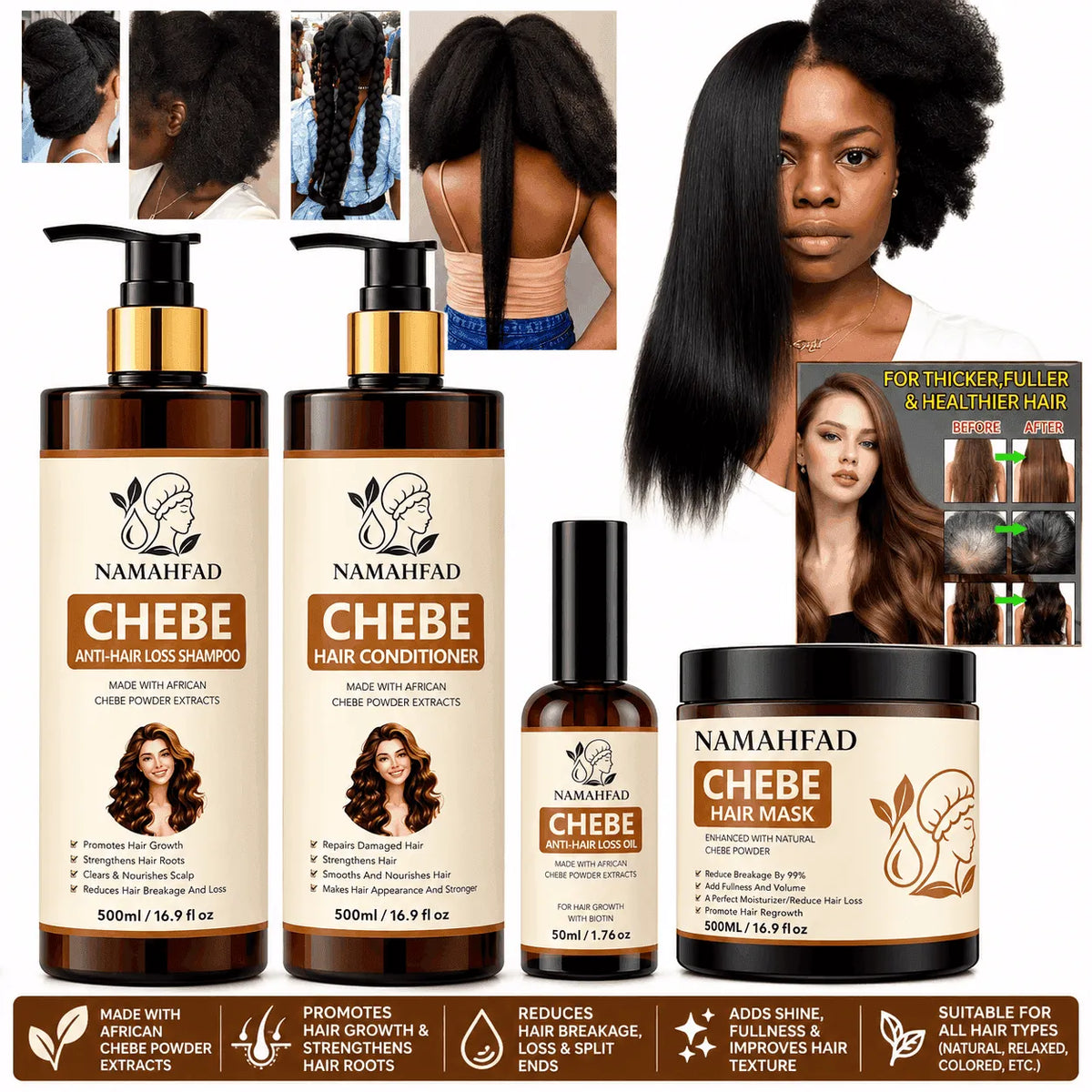 Set of hair care products including shampoo, conditioner, treatment mask, and oil for hydration and repair   