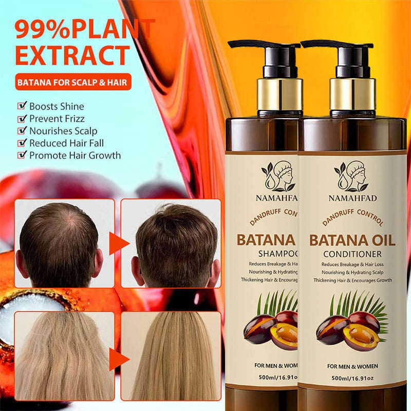 Bottles of Namahfad Batana Shampoo and Conditioner arranged on a wooden surface with leaves.  