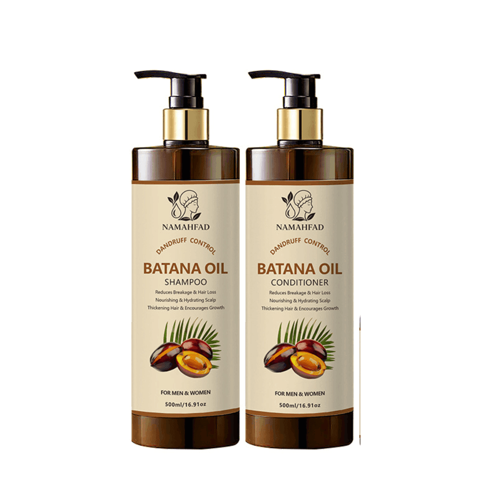 Close-up of Namahfad Batana Shampoo bottle showing label and texture against a white background.  