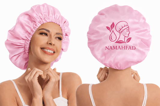 Pink satin sleep bonnet with gathered ruffle edge and soft slouch fit