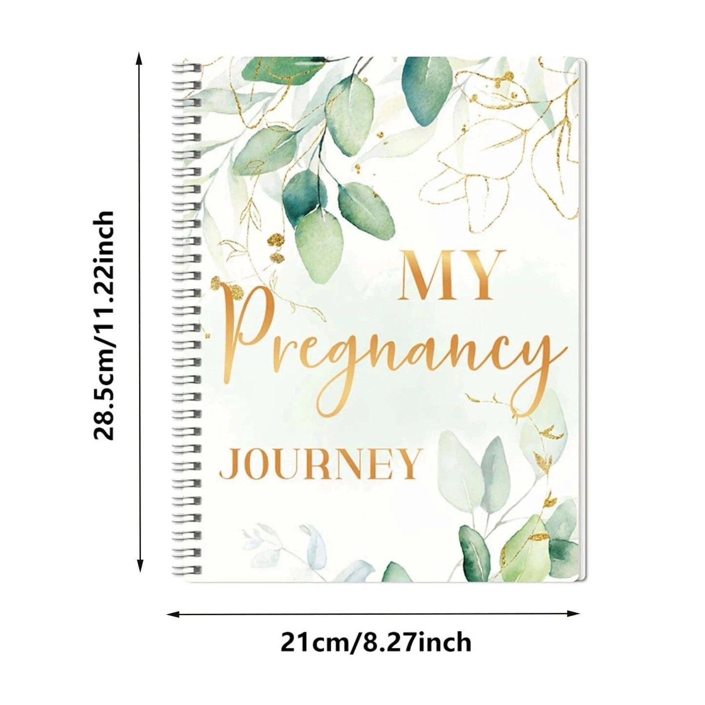 Pregnancy journal with green floral cover, spiral binding, and gold “My Pregnancy Journey” title