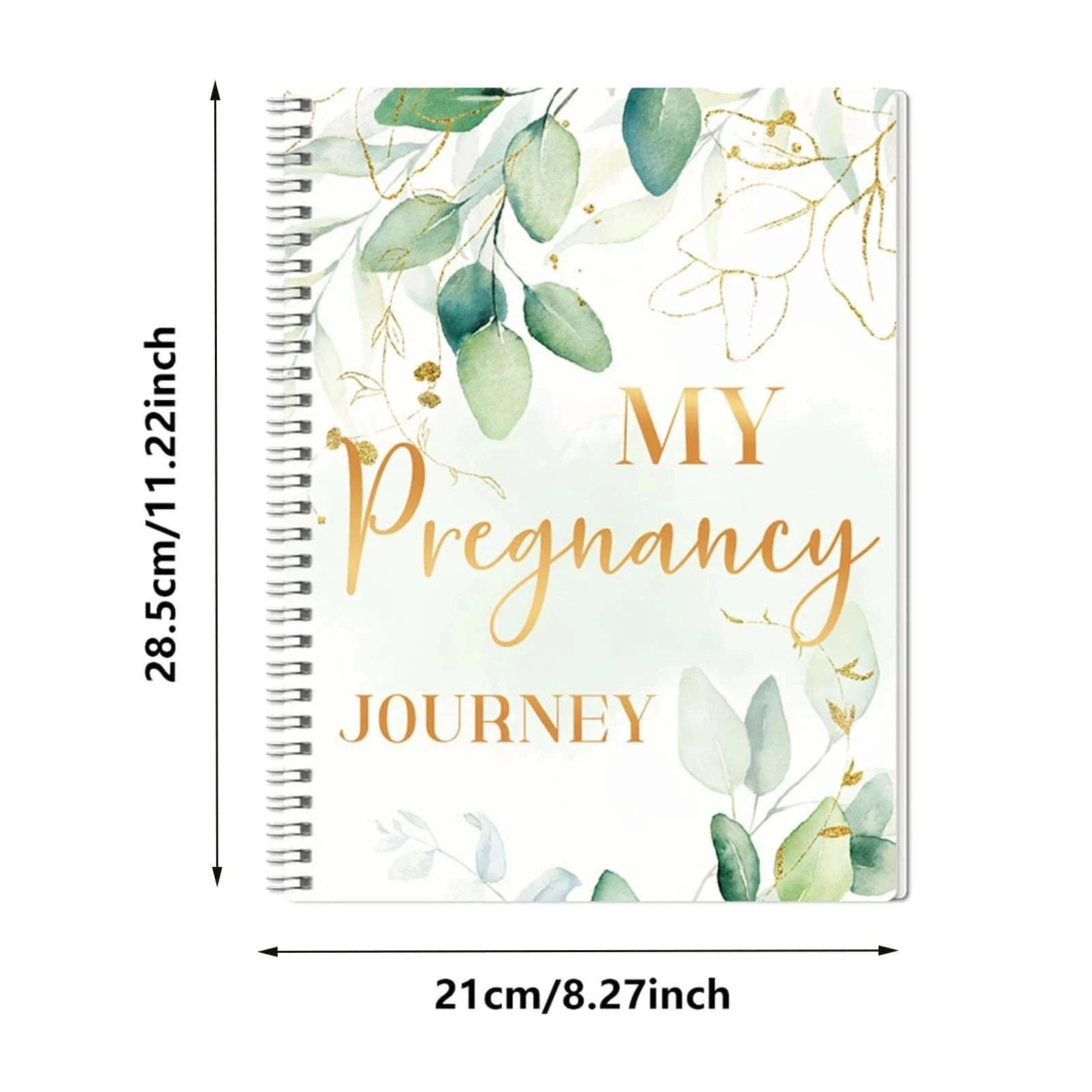 Pregnancy journal with green floral cover, spiral binding, and gold “My Pregnancy Journey” title