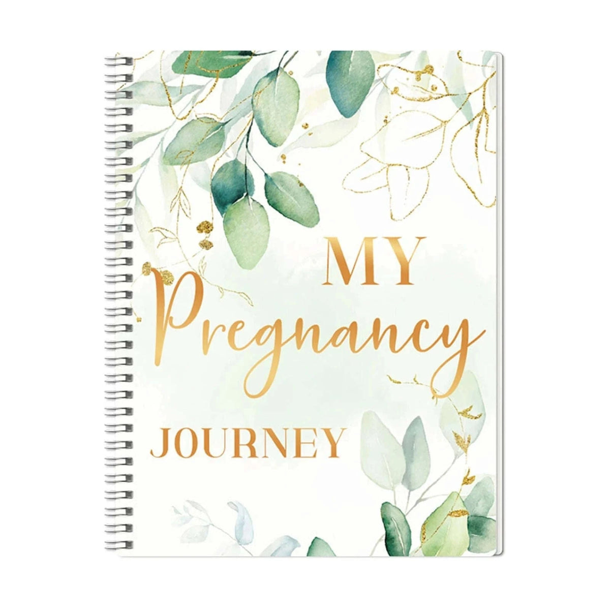 Pregnancy journal with green botanical cover, gold “My Pregnancy Journey” text, spiral spine