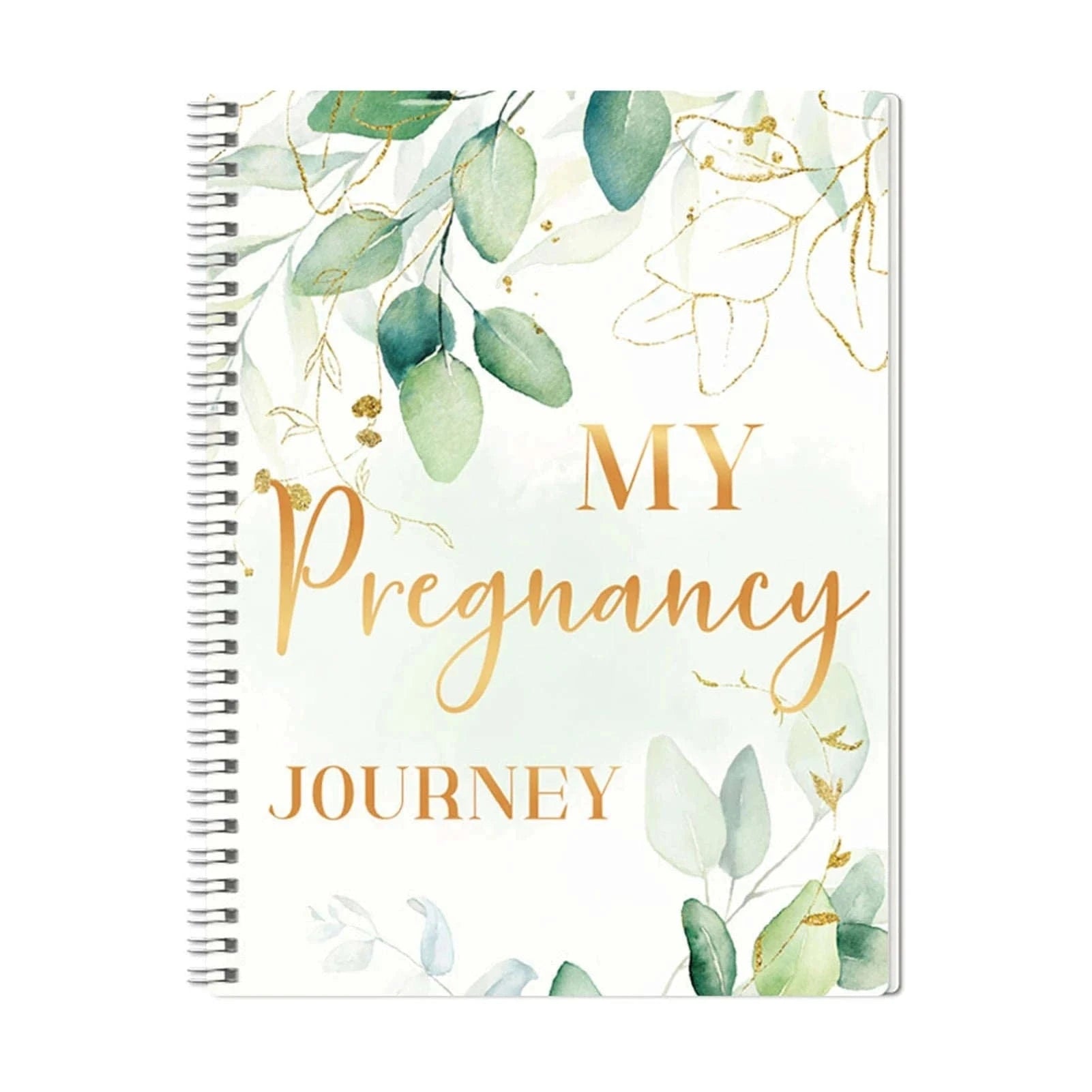 Pregnancy journal with green botanical cover, gold “My Pregnancy Journey” text, spiral spine