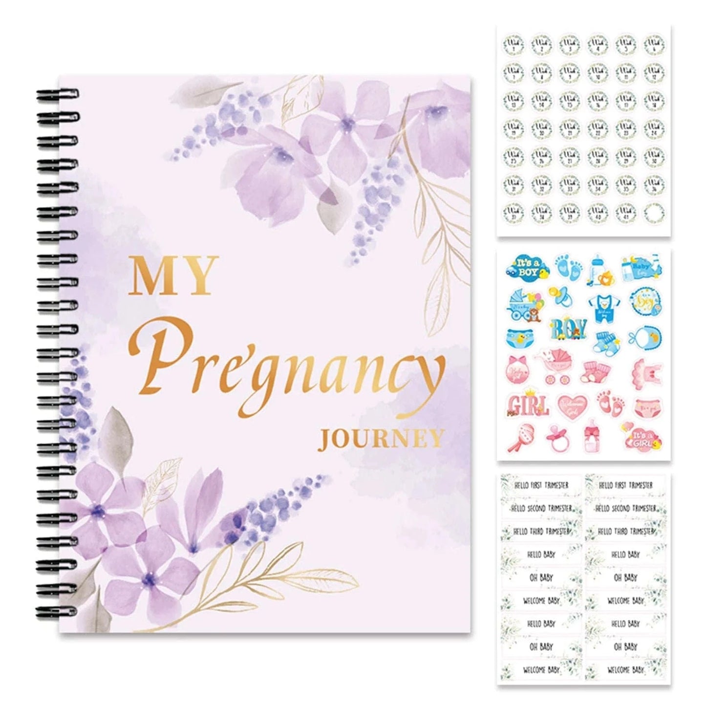 Pregnancy journal with purple floral cover, spiral binding, and gold “My Pregnancy Journey” title
