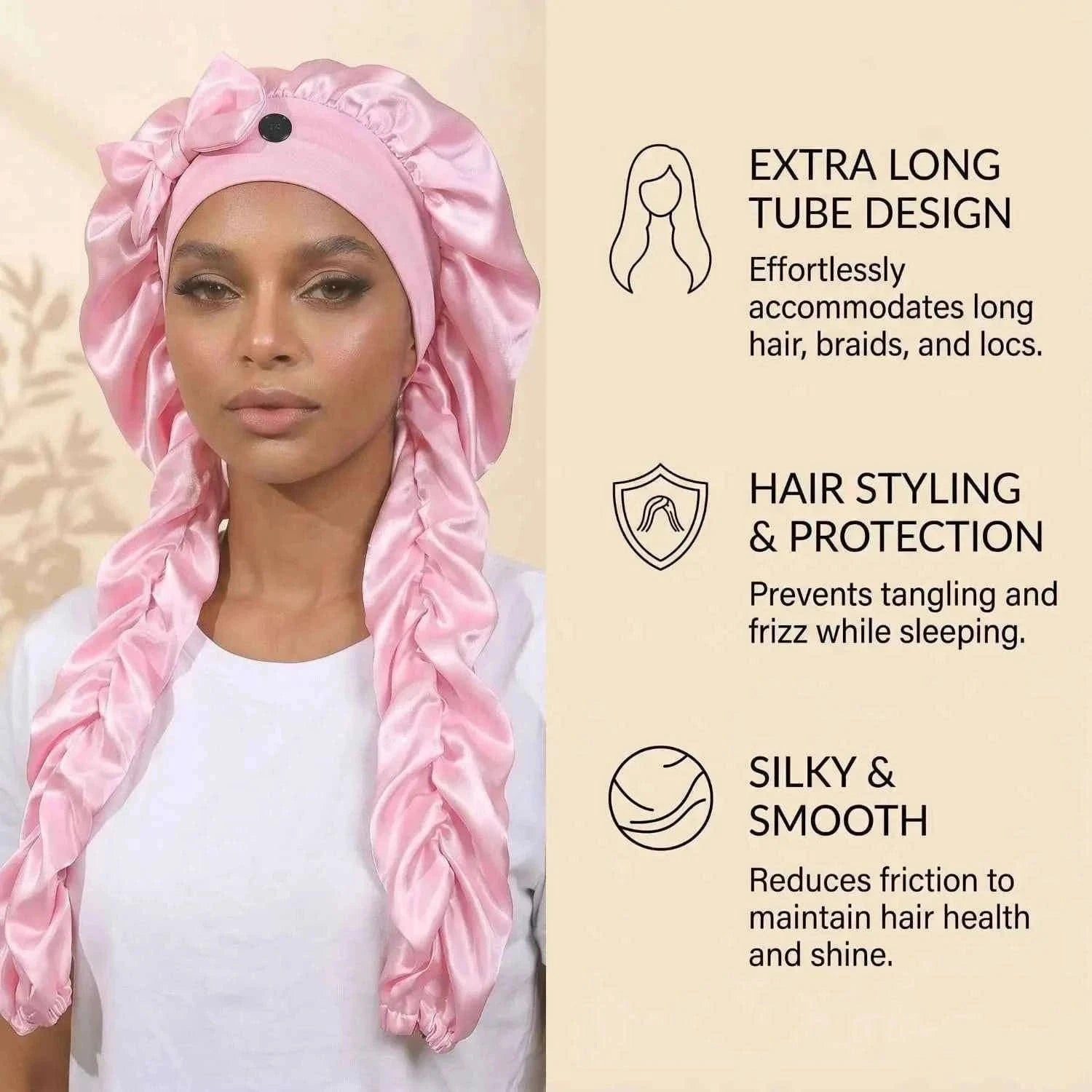 1pc Women's Satin Bow Long Braid Sleep Cap, Adjustable Snap Button Sleep Hat, Suitable for Curly Hair, Y Anti-Static Night Heads