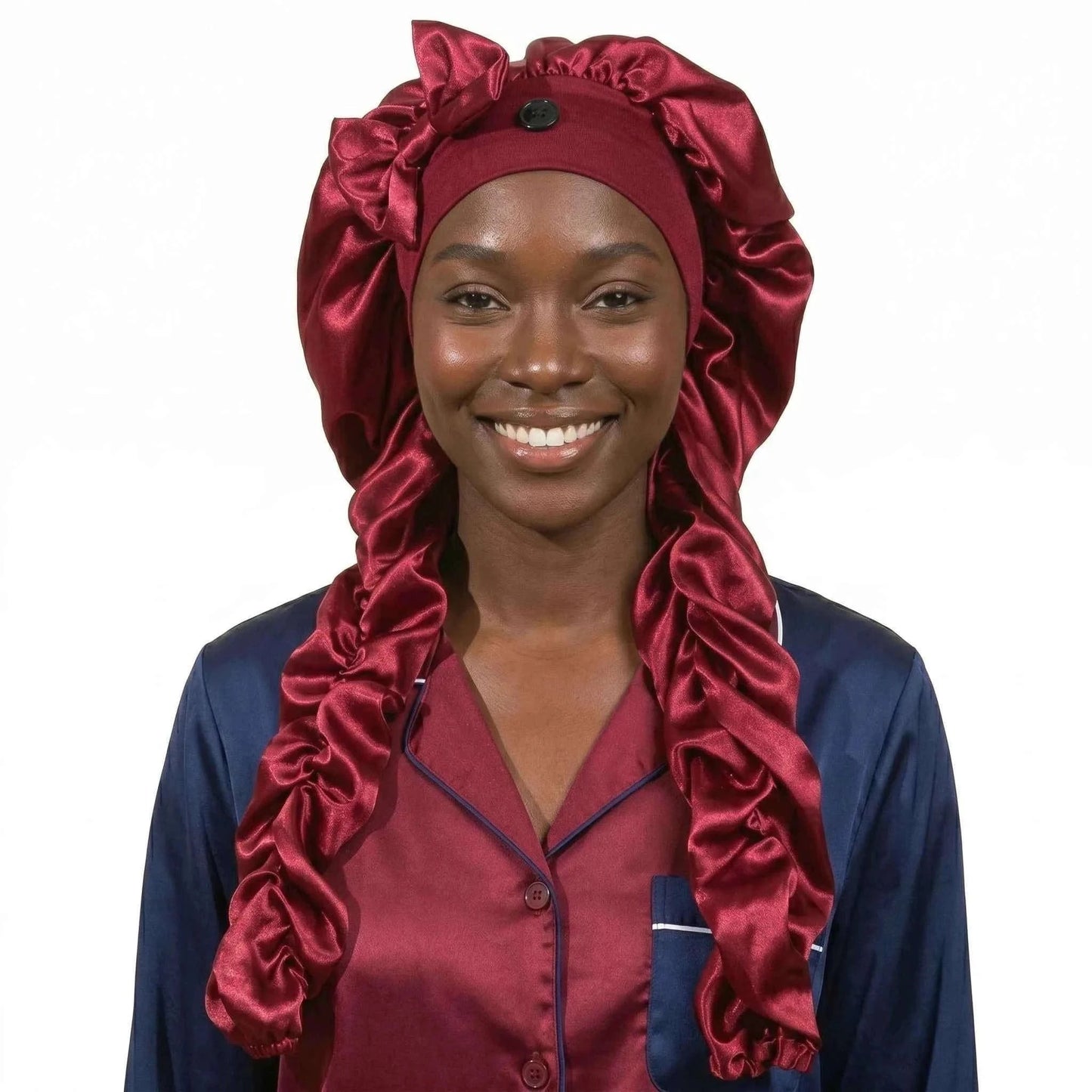 1pc Women's Satin Bow Long Braid Sleep Cap, Adjustable Snap Button Sleep Hat, Suitable for Curly Hair, Y Anti-Static Night Heads