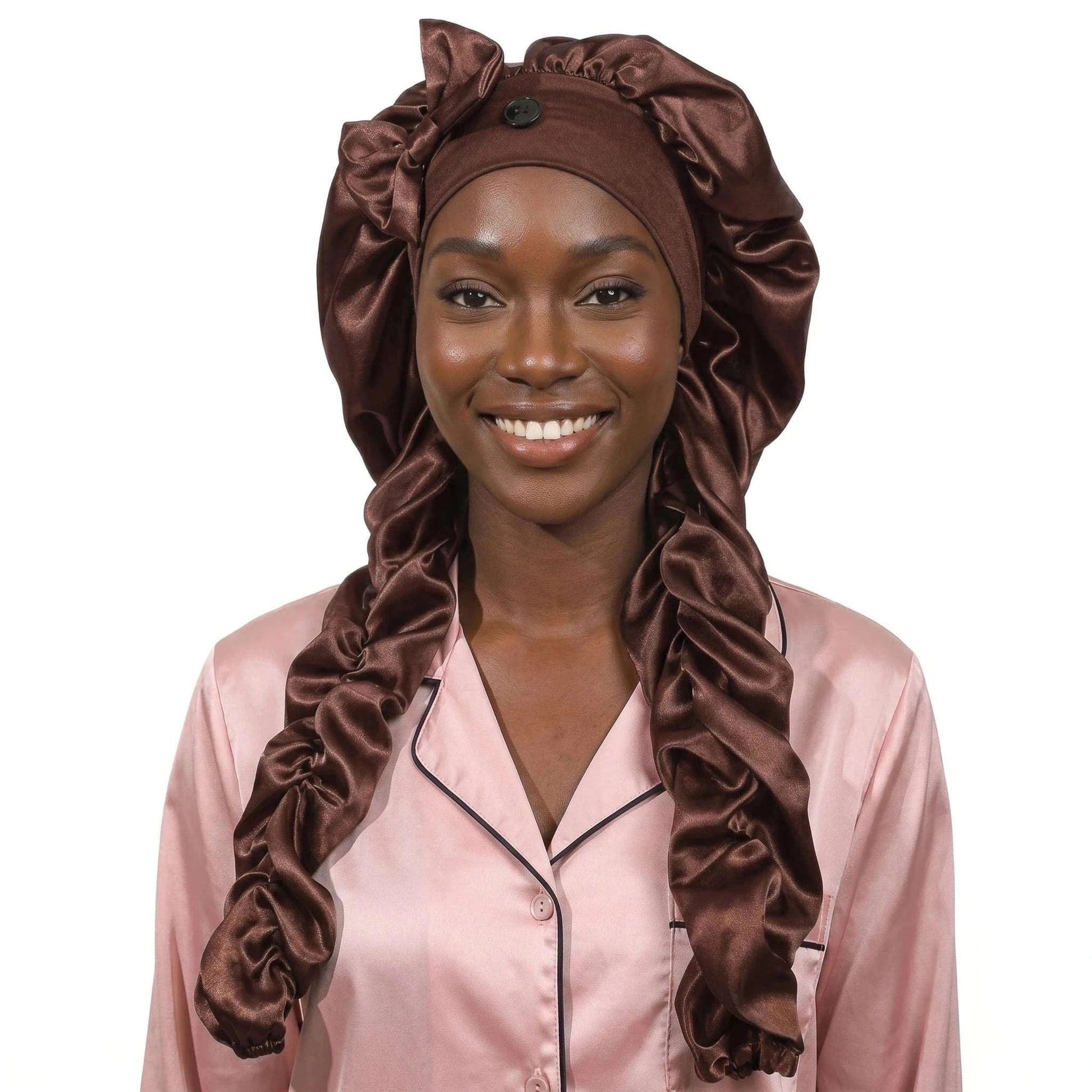 1pc Women's Satin Bow Long Braid Sleep Cap, Adjustable Snap Button Sleep Hat, Suitable for Curly Hair, Y Anti-Static Night Heads Namahfad