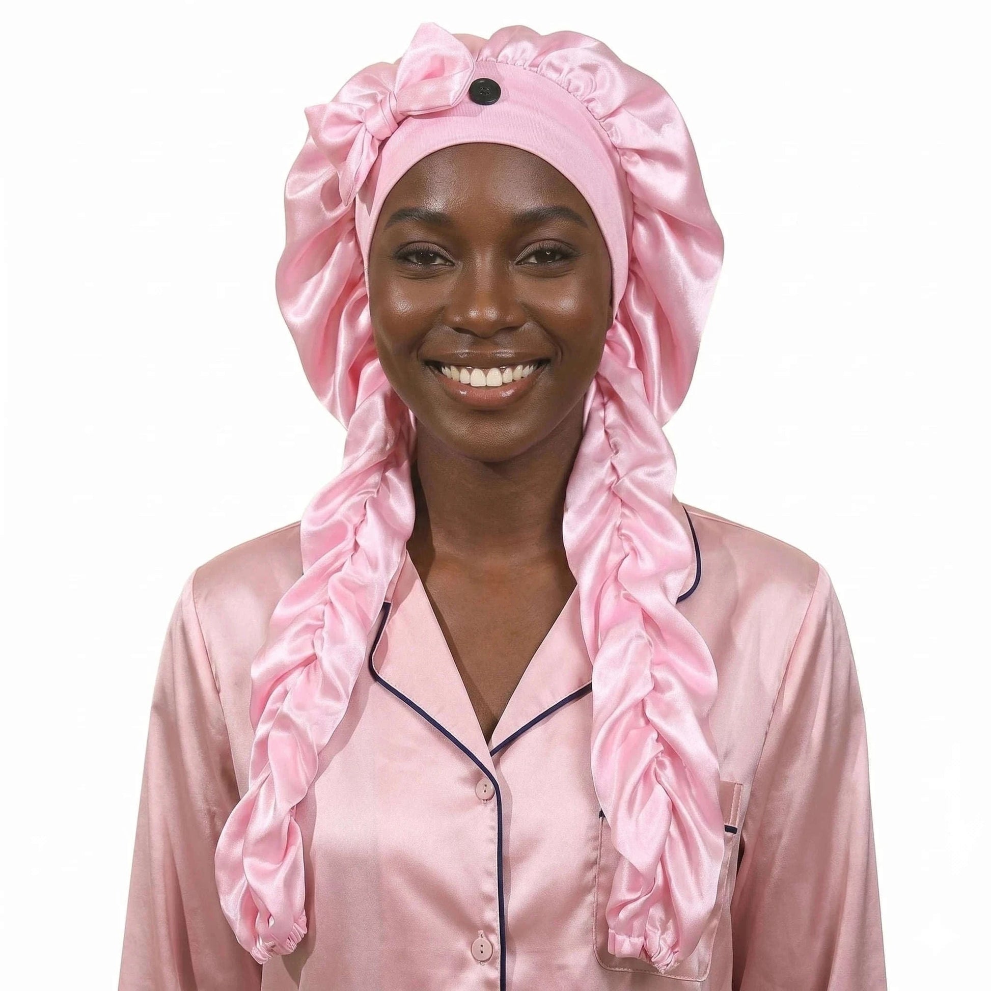 1pc Women's Satin Bow Long Braid Sleep Cap, Adjustable Snap Button Sleep Hat, Suitable for Curly Hair, Y Anti-Static Night Heads Namahfad