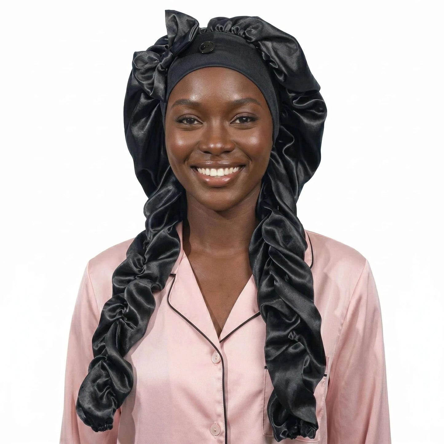 1pc Women's Satin Bow Long Braid Sleep Cap, Adjustable Snap Button Sleep Hat, Suitable for Curly Hair, Y Anti-Static Night Heads Namahfad