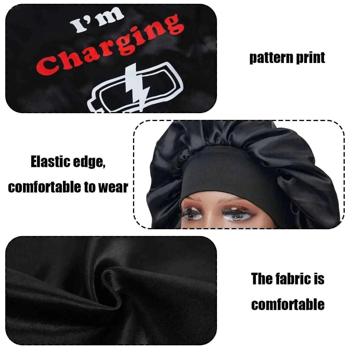 Satin Sleeping Cap for Women, Wide Elastic Band Bonnet with Funny Words Print, Soft & Breathable, Ideal for Curly Hair