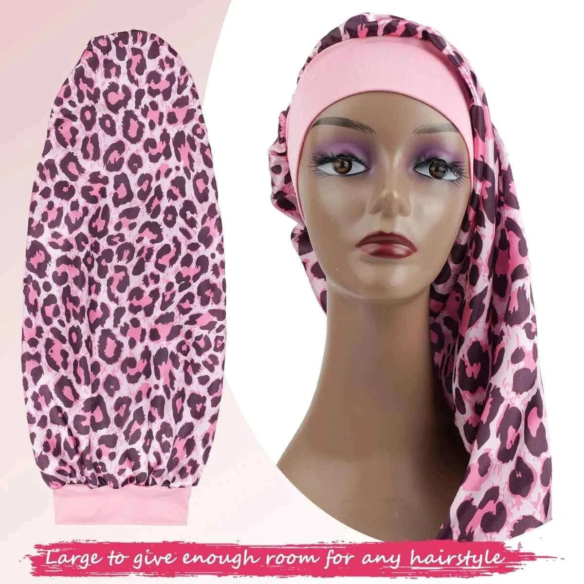 Women's Long Round Tail Bonnet-Silk Sleep Bonnet with Wide Elastic Edge-Hair Protector for Curly & Straight Hair-Leopard Print