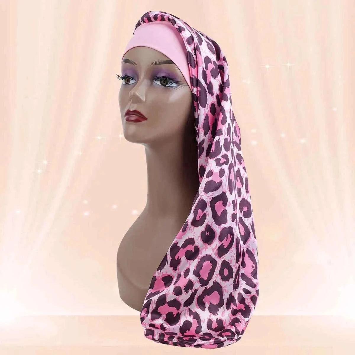 Women's Long Round Tail Bonnet-Silk Sleep Bonnet with Wide Elastic Edge-Hair Protector for Curly & Straight Hair-Leopard Print