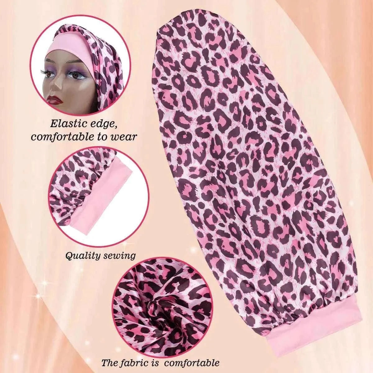 Women's Long Round Tail Bonnet-Silk Sleep Bonnet with Wide Elastic Edge-Hair Protector for Curly & Straight Hair-Leopard Print