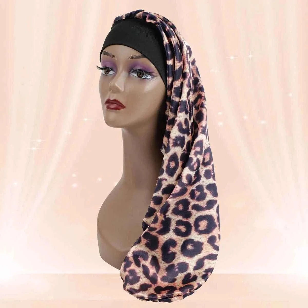 Women's Long Round Tail Bonnet-Silk Sleep Bonnet with Wide Elastic Edge-Hair Protector for Curly & Straight Hair-Leopard Print