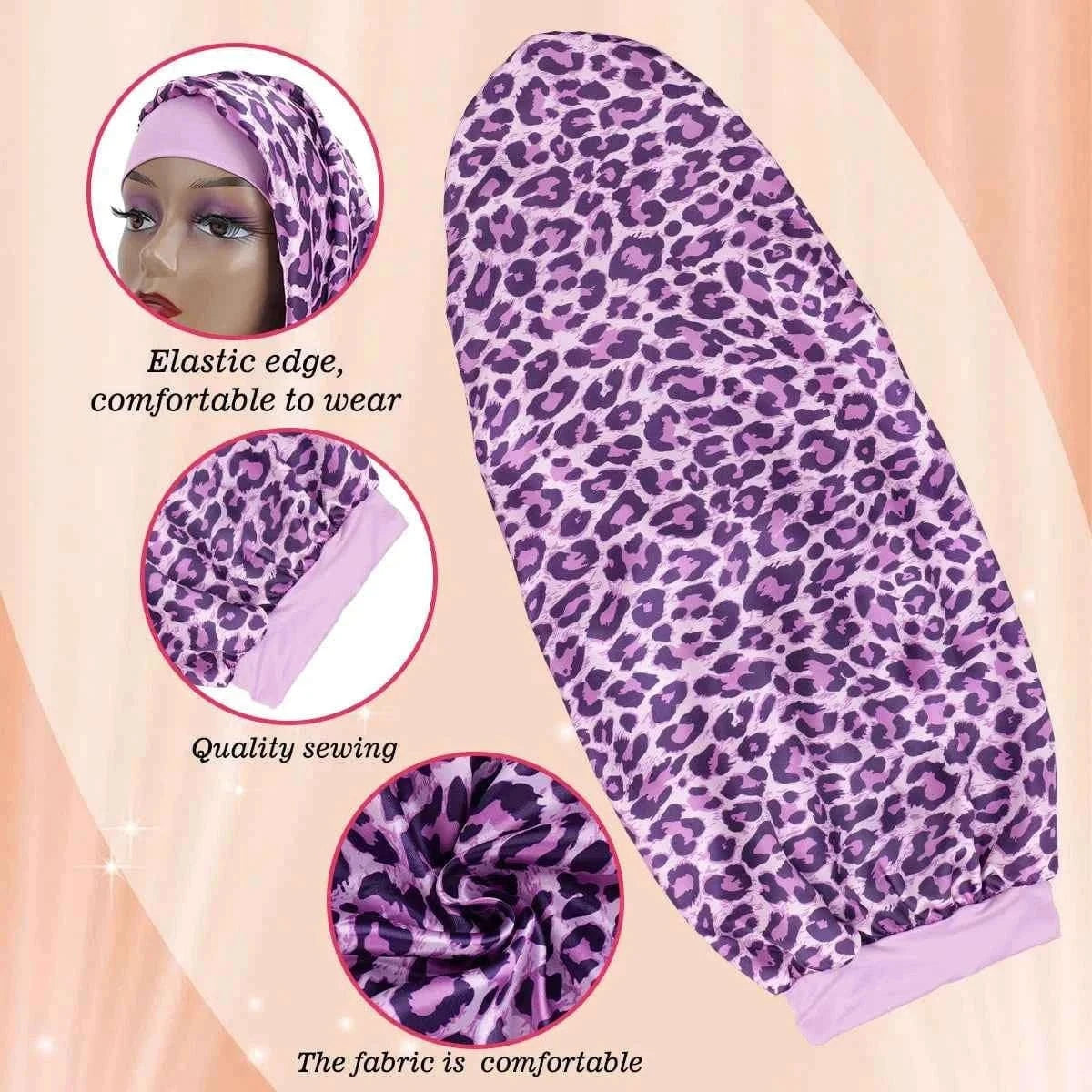 Women's Long Round Tail Bonnet-Silk Sleep Bonnet with Wide Elastic Edge-Hair Protector for Curly & Straight Hair-Leopard Print
