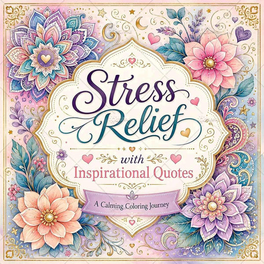 Adult stress relief coloring book cover with floral mandala design and hearts