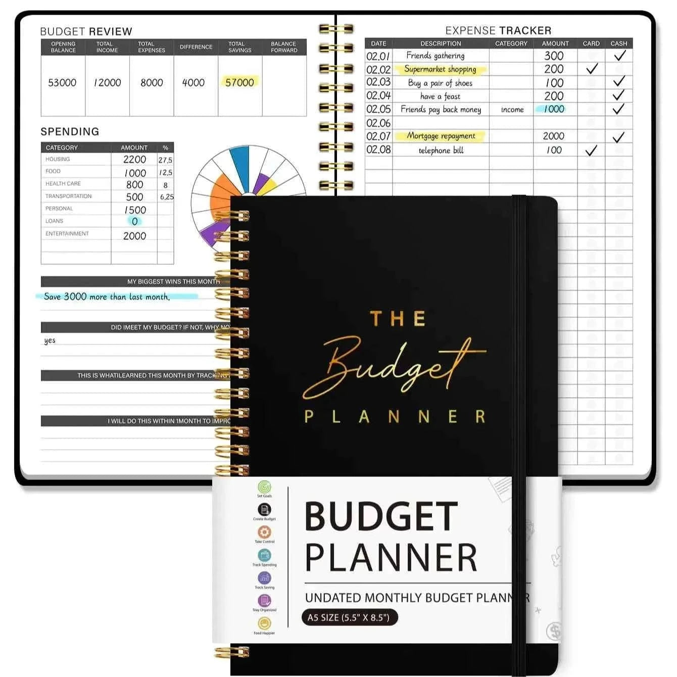 A5 Budget Planner, Undated Monthly Budget Book, Expense Tracker, Savings Journal, Spiral Finance Notebook