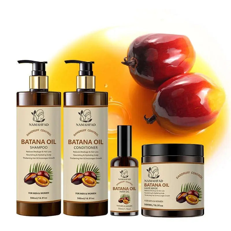 Batana Oil Haircare Set with Batana fruit and oil background