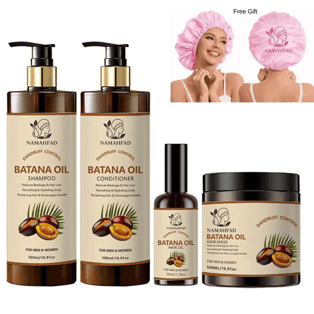 Batana Oil Haircare Set with pink satin hair bonnet free gift