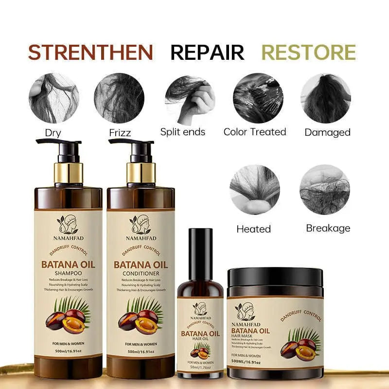 Batana Oil Haircare Set addressing dry, frizzy, split ends, damaged hair types
