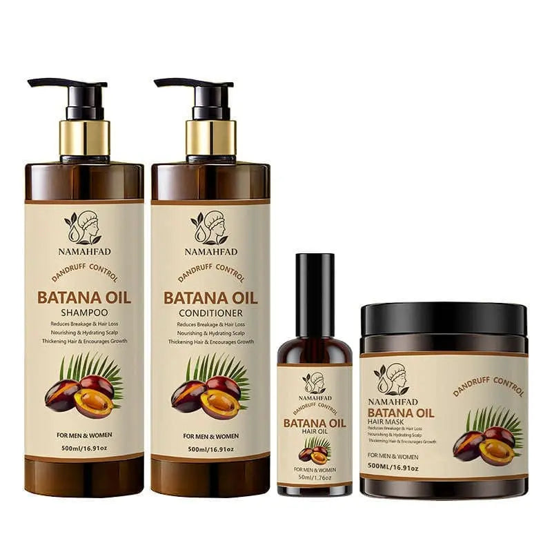 Batana Oil Haircare Set showing Shampoo, Conditioner, Oil, and Mask