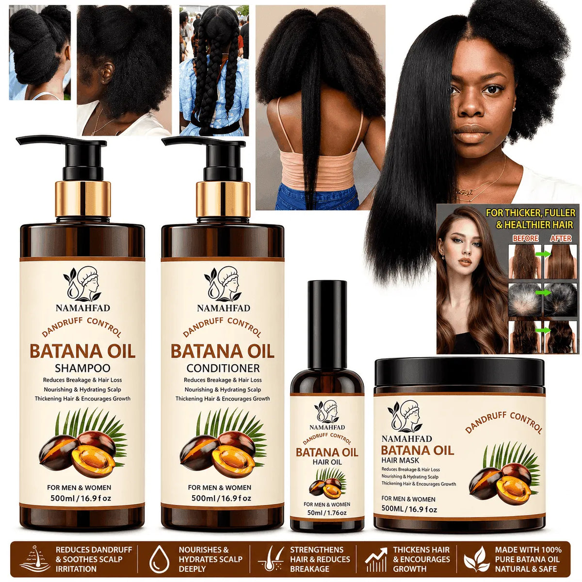 Batana Oil Haircare Set with before and after hair transformation results