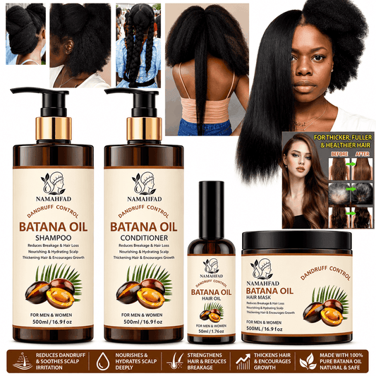 Batana Oil Haircare Set with before and after hair transformation results