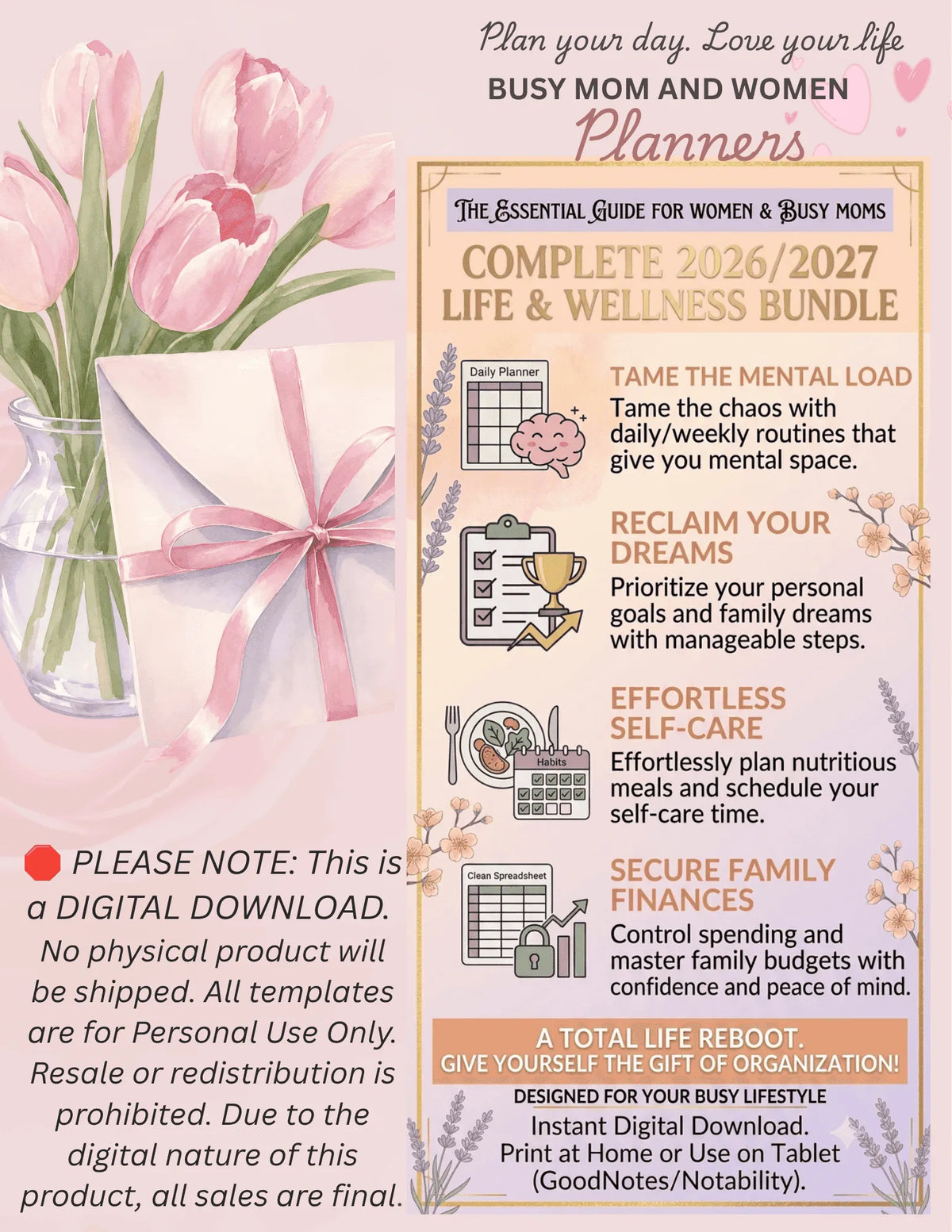 Life and wellness planner bundle overview for busy women and moms, highlighting mental load, dreams, self-care, and finance.