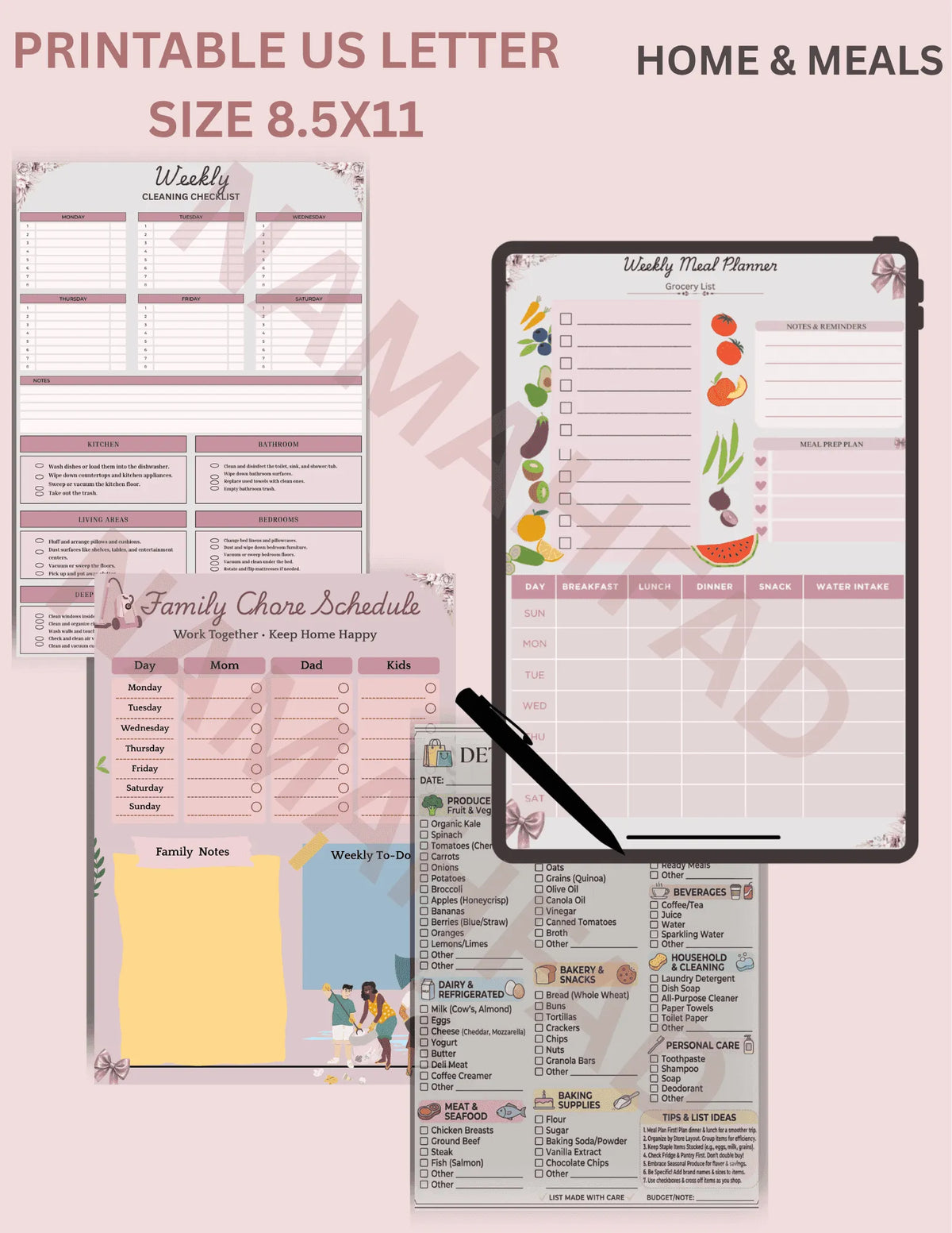 Weekly cleaning checklist, family chore schedule, digital meal planner, and detailed grocery list planner templates.