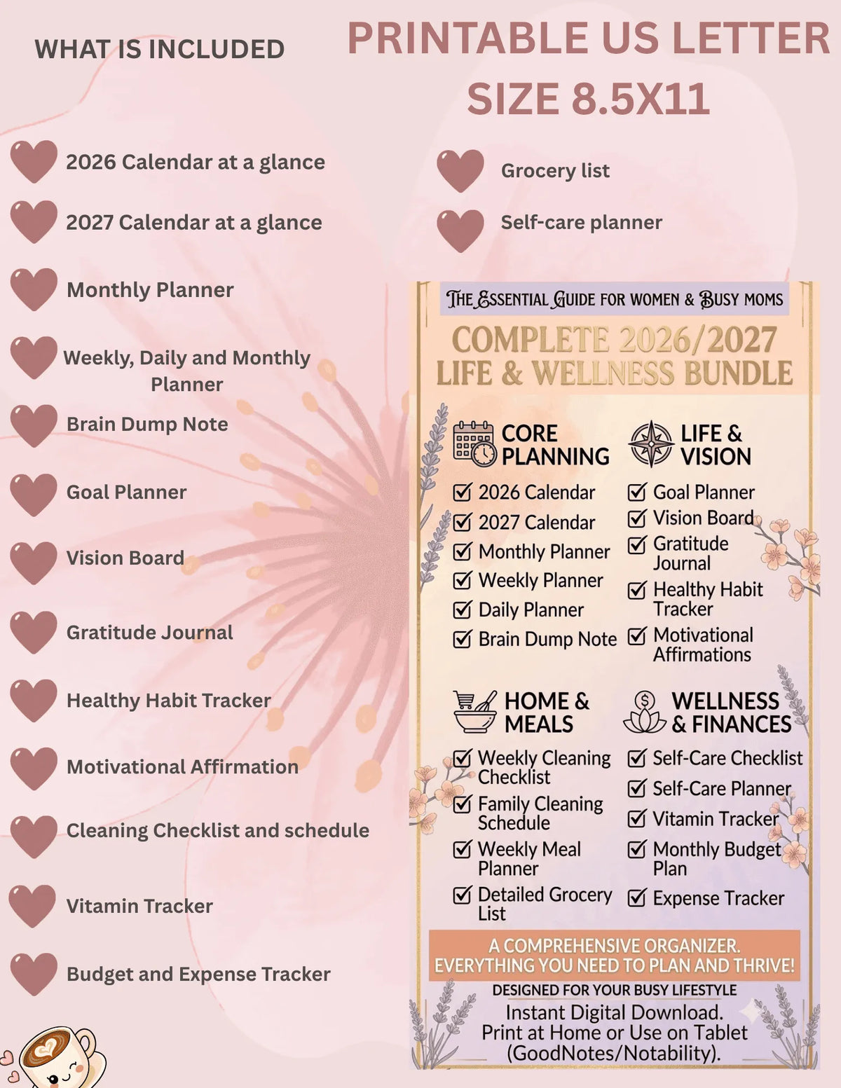 Included items list with 2026-2027 calendars, planners, goal, and vision templates in a wellness bundle.