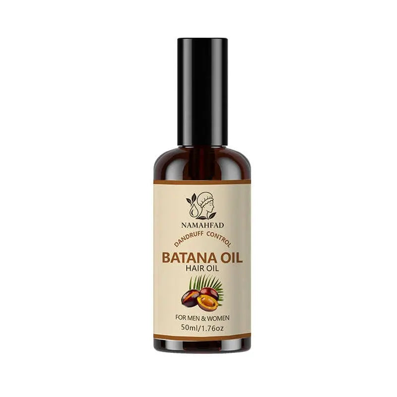 Set of Batana hair mask container and oil bottle arranged neatly on wooden surface  