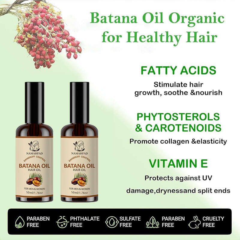 Open Namahfad Batana Hair Oil bottle with droplets of oil visible on the rim.  