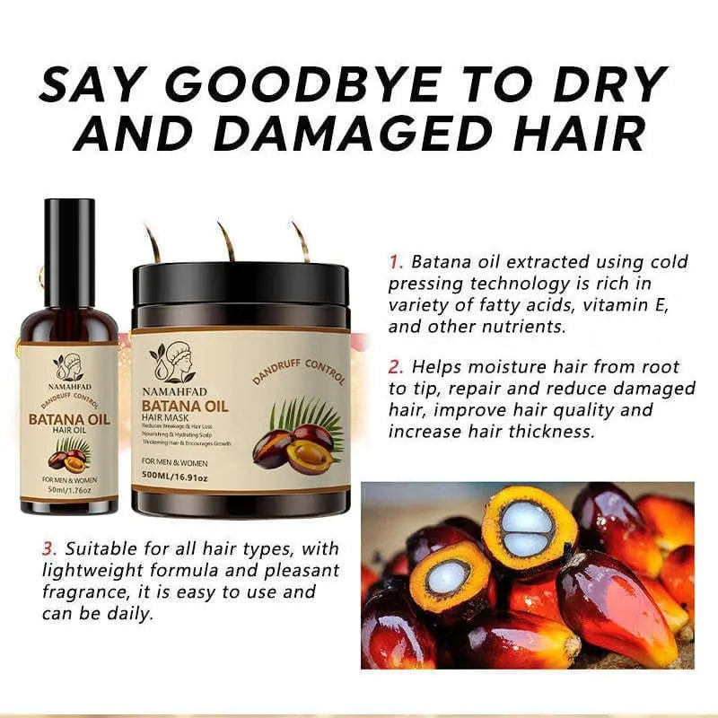 Hand applying rich Batana hair mask to long, healthy hair strands in bright natural light  