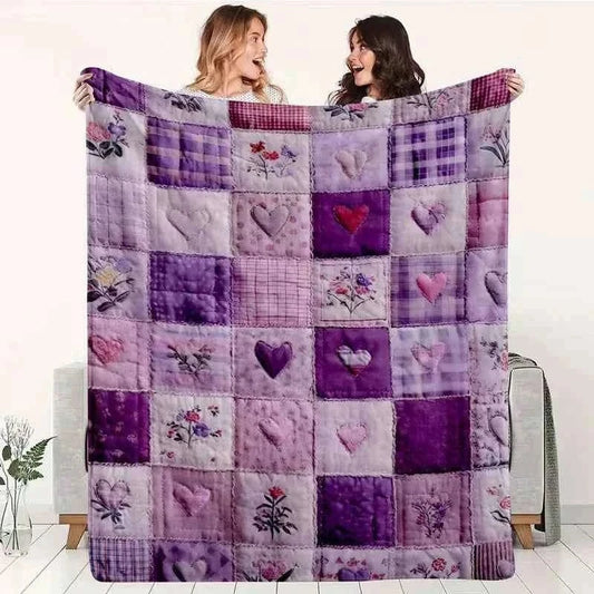 Vintage Purple Plaid Patchwork Blanket Soft Plush for All Seasons, with Pink and Lilac Hearts  for Camping & Gifts Sizes Availa