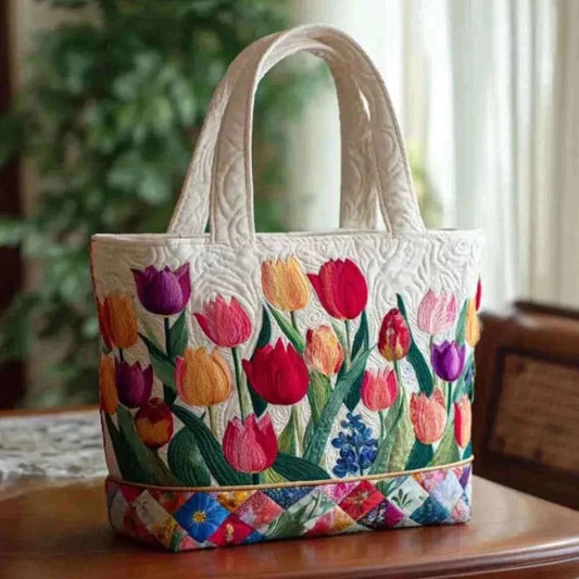 Vintage Women Quilted Tote Bag Lightweight Cotton Travel Handbag 2D Realistic Patterns Large Capacity Shopping Bag Lady Girl