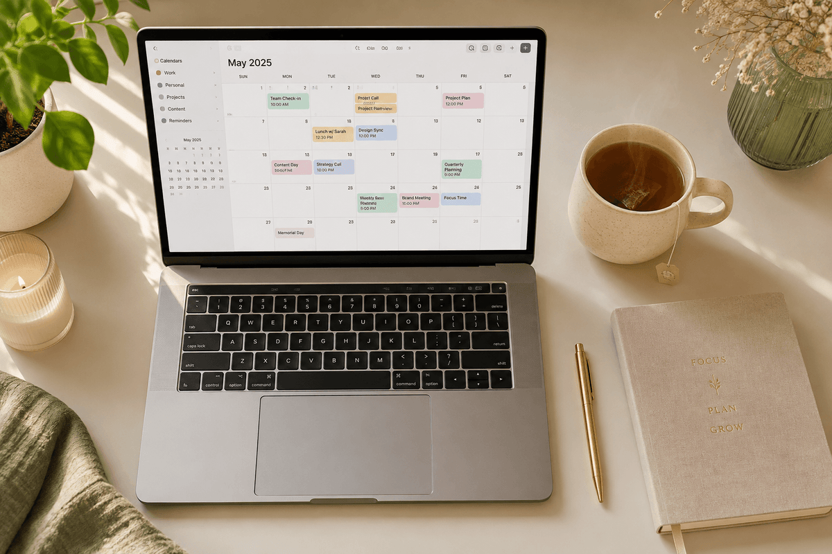 Laptop with calendar screen, planner notebook, and gold pen on a desk