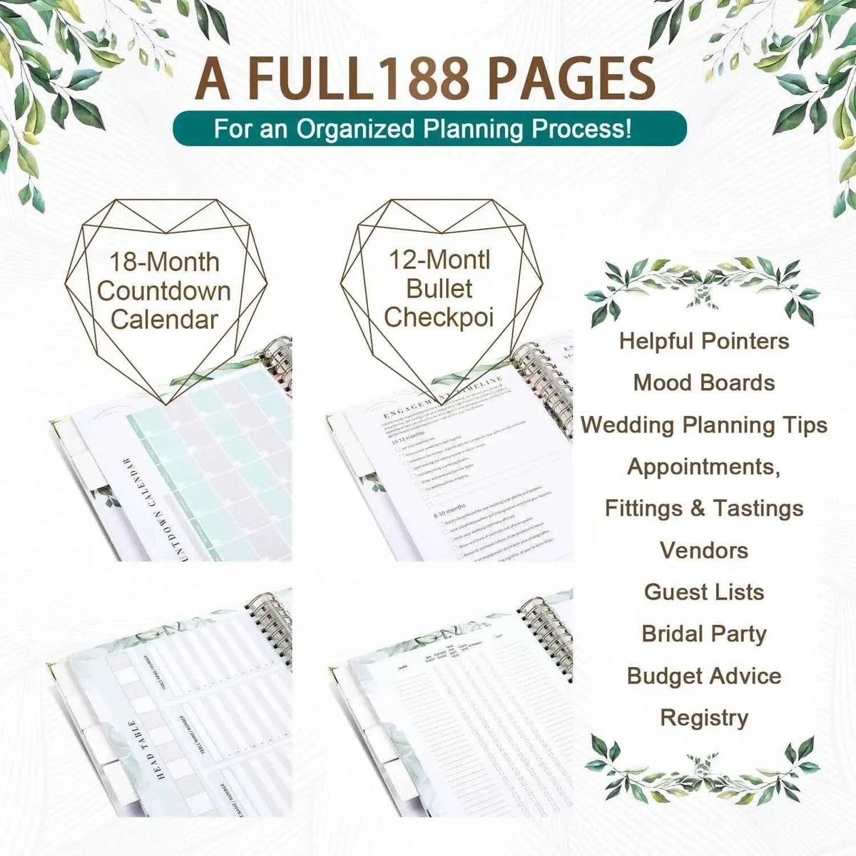 Opened wedding planner pages with section layouts, checklists, and helpful planning tips