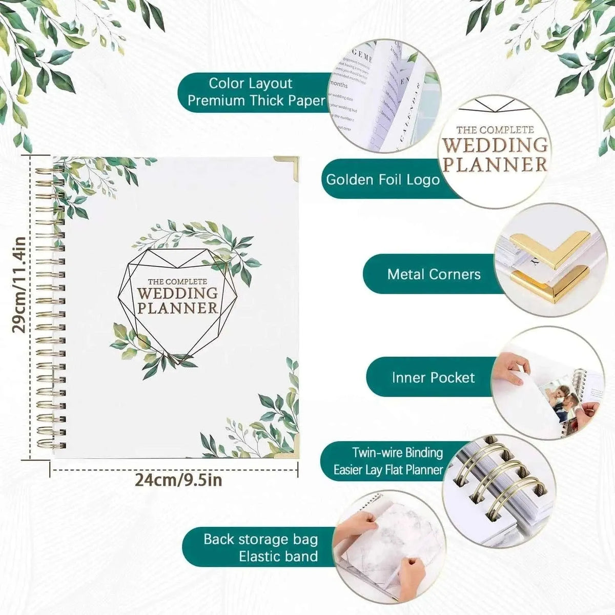 Wedding planner album features: golden foil logo, metal corners, inner pocket, twin-wire binding