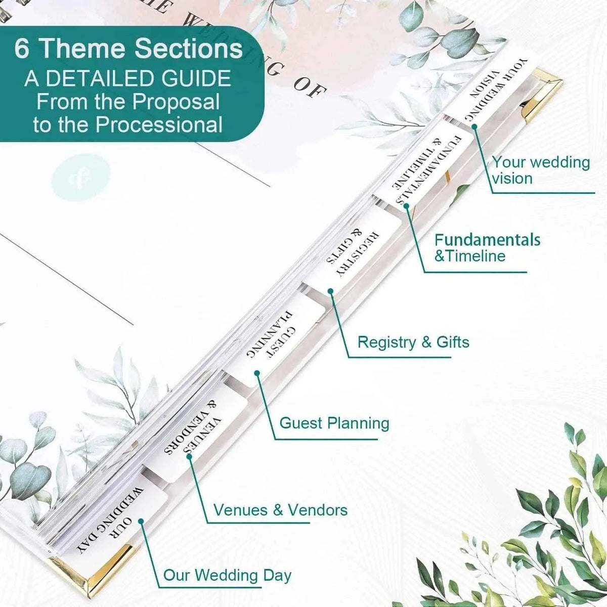 Wedding planner album showing guide sections with labeled tabs and ribbon bookmark