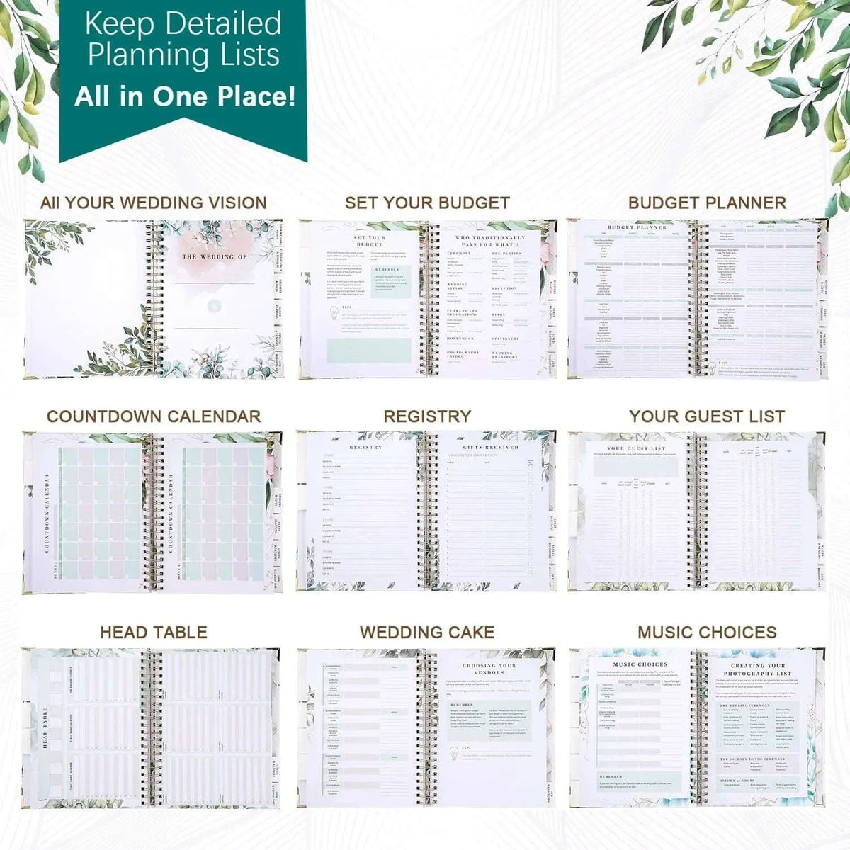 Wedding planner album with multiple planning inserts for calendar, registry, guest list, and budget