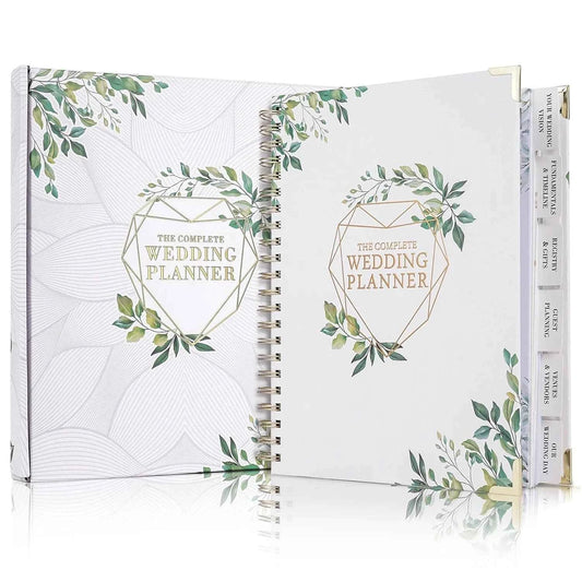 Wedding planner album with spiral binding, white cover, green botanical wreath design and hardback