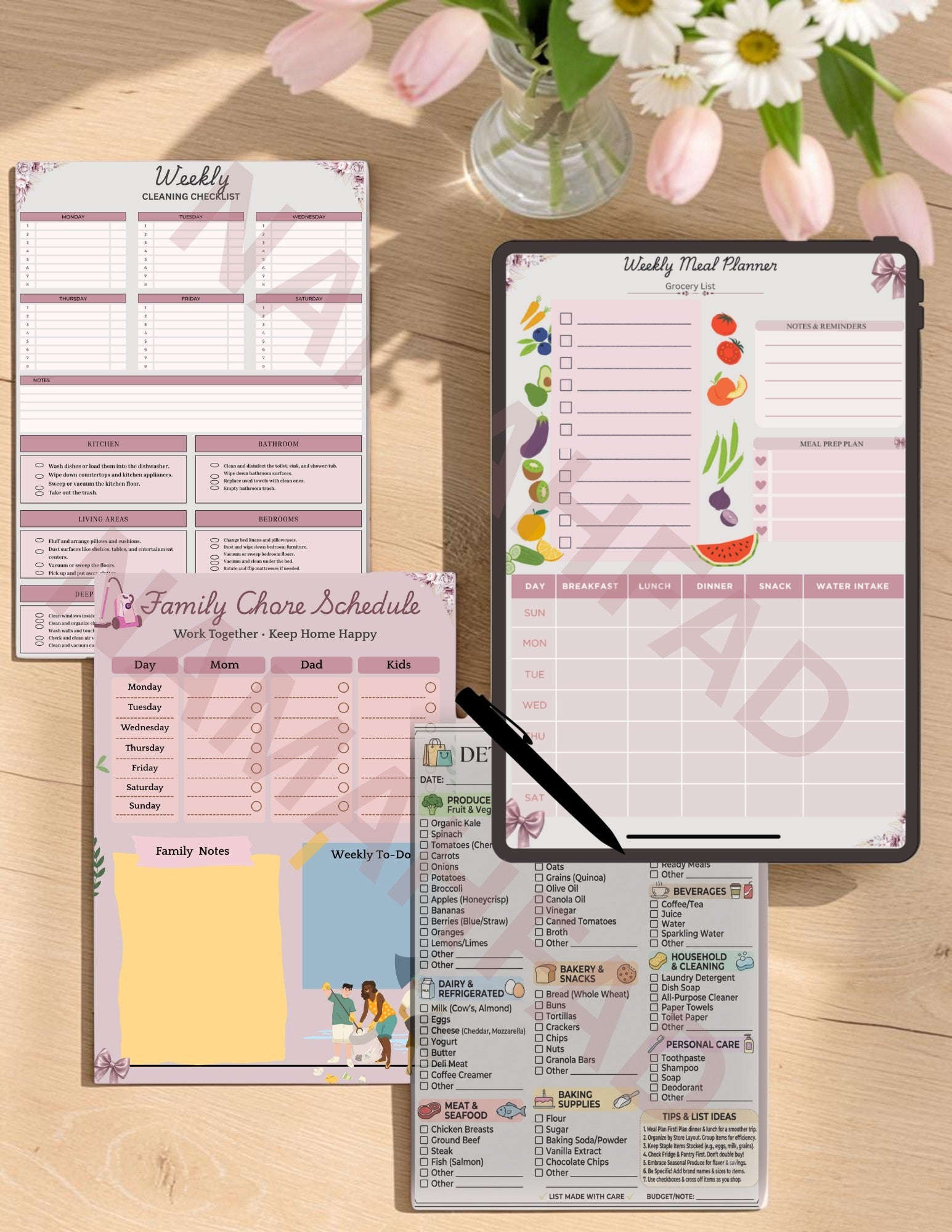 Weekly cleaning checklist, family chore schedule, digital meal planner, and grocery list planner sheets.