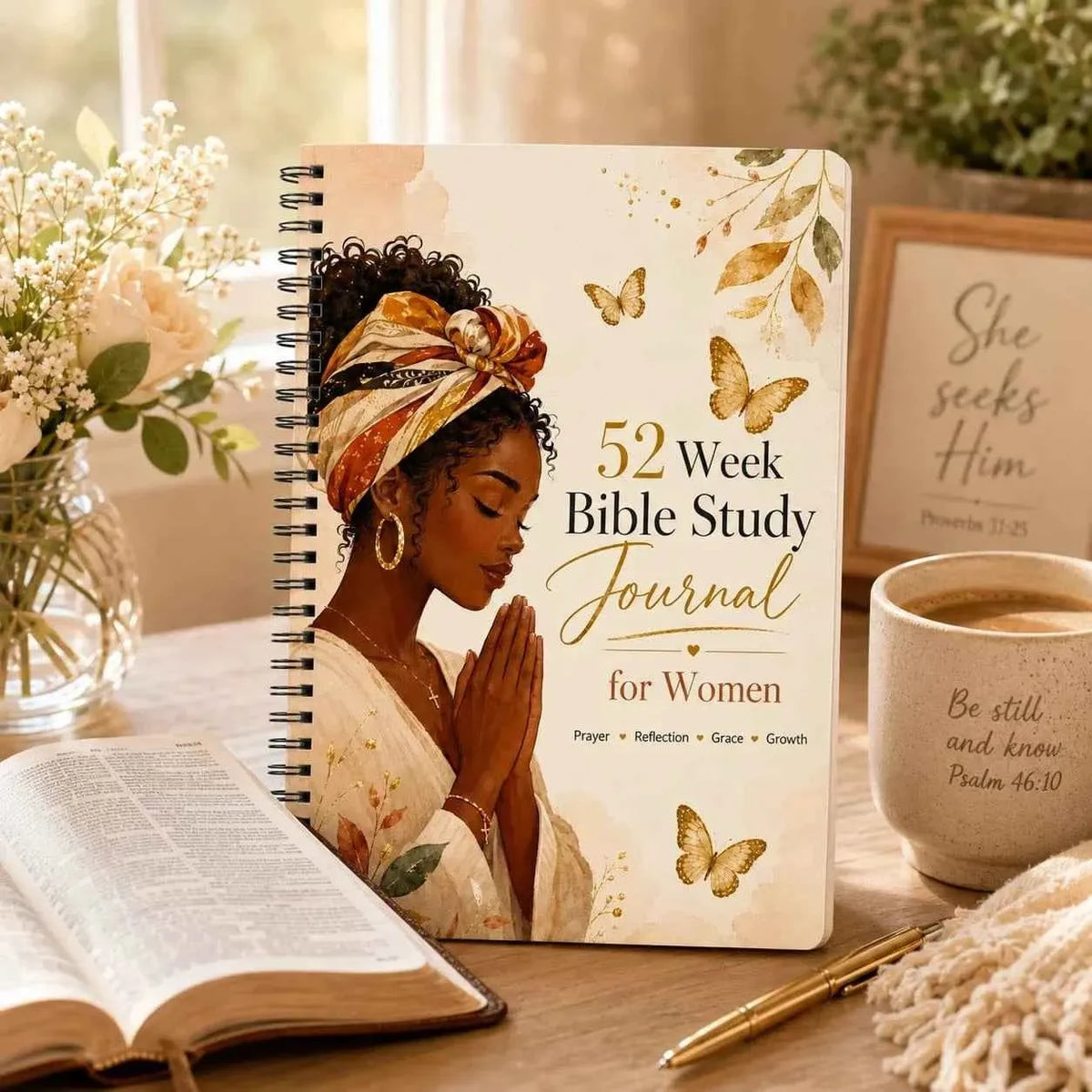A5 spiral-bound journal with cream cover featuring praying woman, butterflies, and open scripture pages