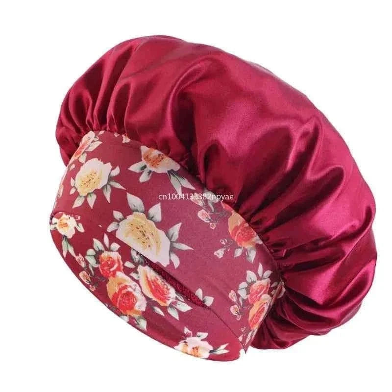 Women's Fashion Bonnet Flower Printed Hair Hat with Wide Edge Elastic Silk Smooth Satin Face for Daily Home Sleep Hat Hair Wrap