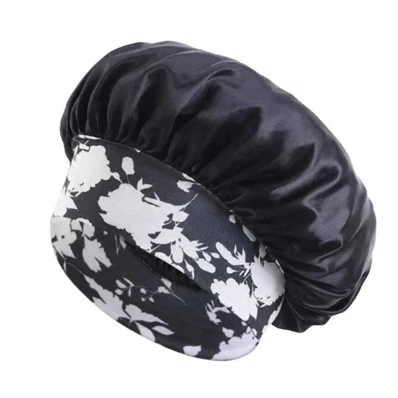 Women's Fashion Bonnet Flower Printed Hair Hat with Wide Edge Elastic Silk Smooth Satin Face for Daily Home Sleep Hat Hair Wrap