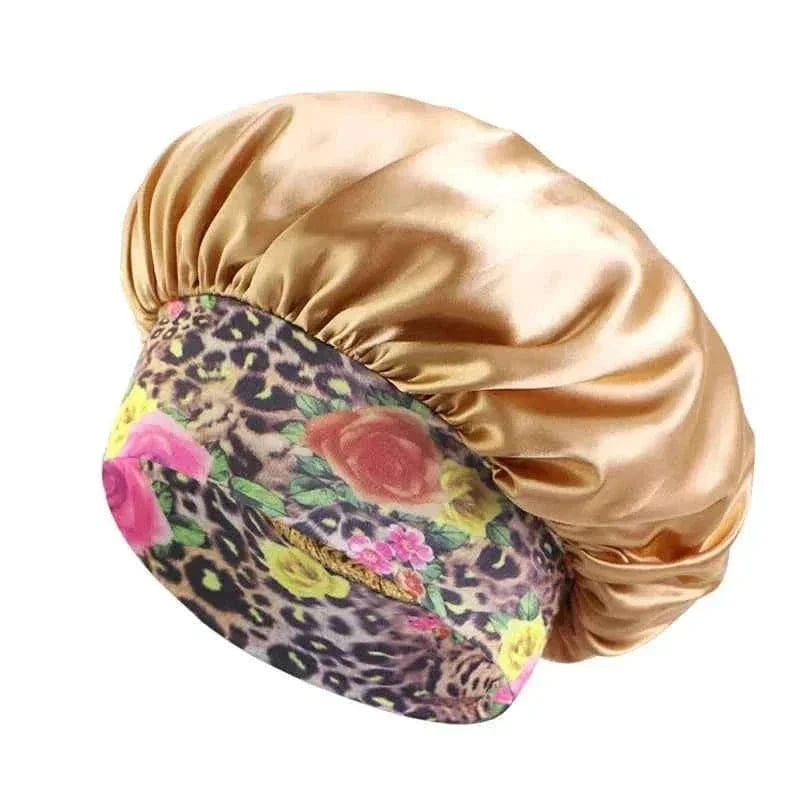 Women's Fashion Bonnet Flower Printed Hair Hat with Wide Edge Elastic Silk Smooth Satin Face for Daily Home Sleep Hat Hair Wrap